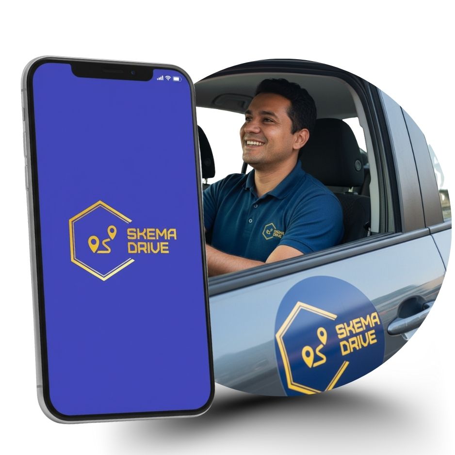 Motorista sorrindo usando camisa da Skema Drive ao volante do carro